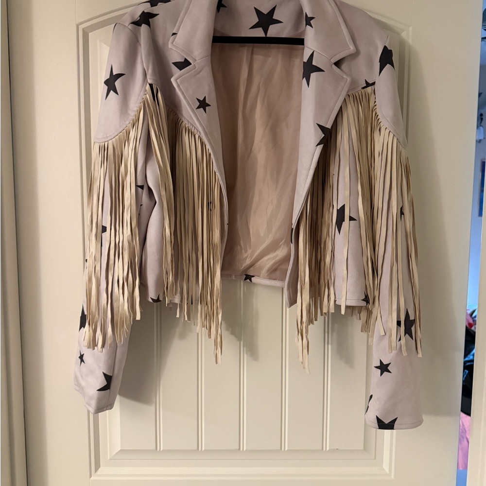 Fringe Star Leather Jacket - Cream and Black